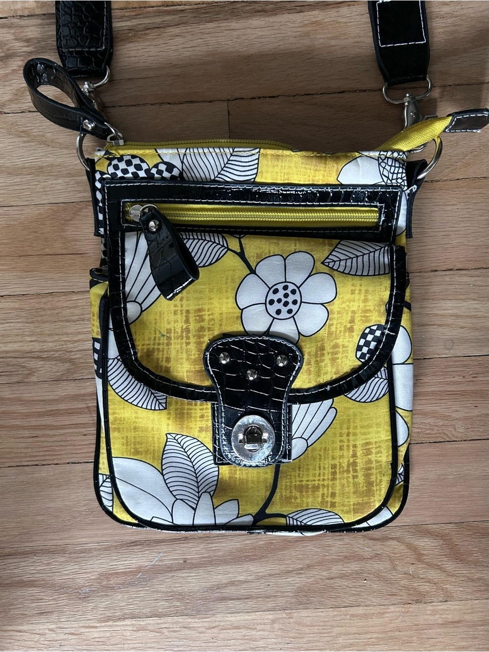 Yellow Floral Crossbody Bag with Black Trim 10x8
